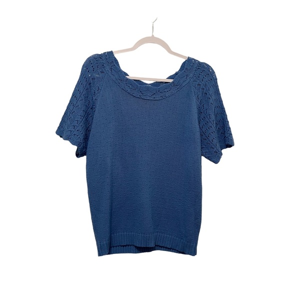 Tops - Womens Blue Short Sleeve Crochet Boho Beach Top Blouse Size L